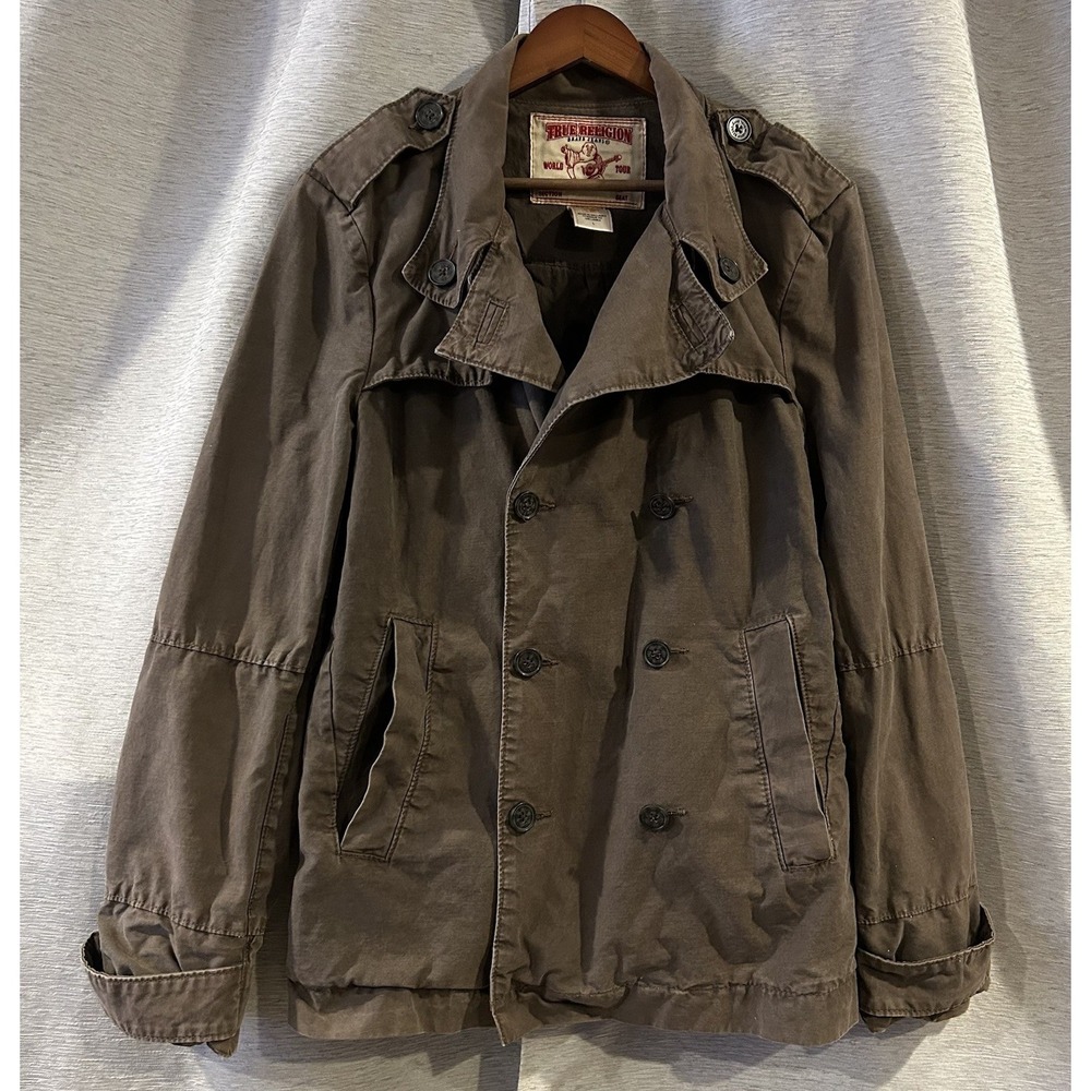True Religion Double Breasted Cotton Pea Coat Military Green Brown Jacket Large